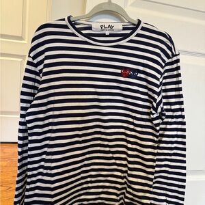 Comme des Garcons Navy and White Striped Top with Red Heart
